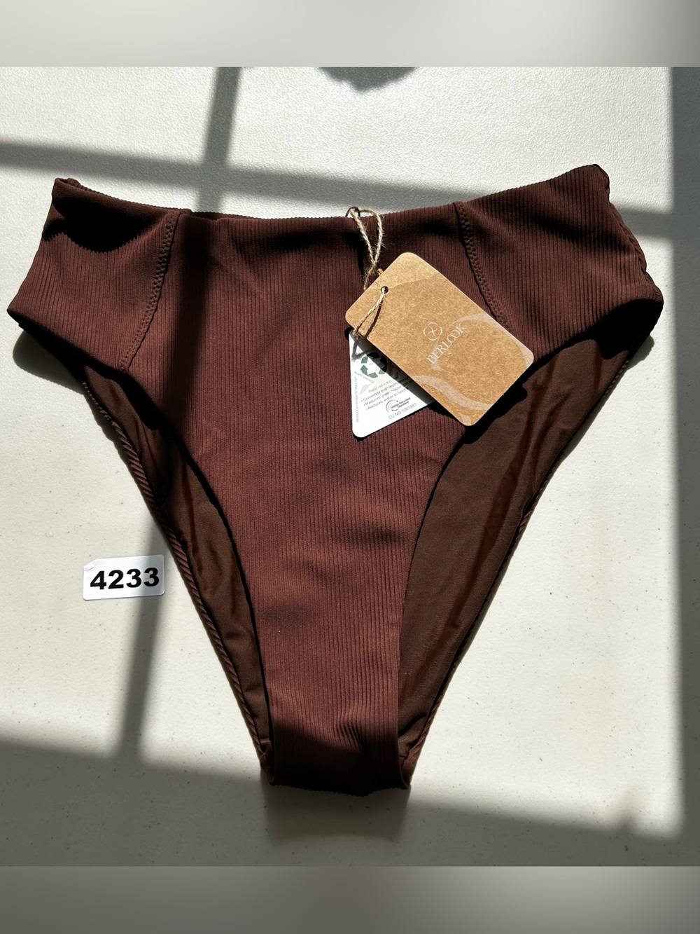 Berlook Women’s Bikini Bottom S Brown High Waisted Ribbed Seam
